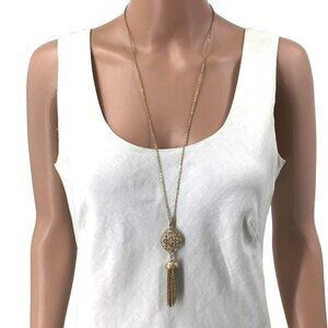 Tassel Necklace Gold Tone Rhinestone Inlay Adjustable Length Chain